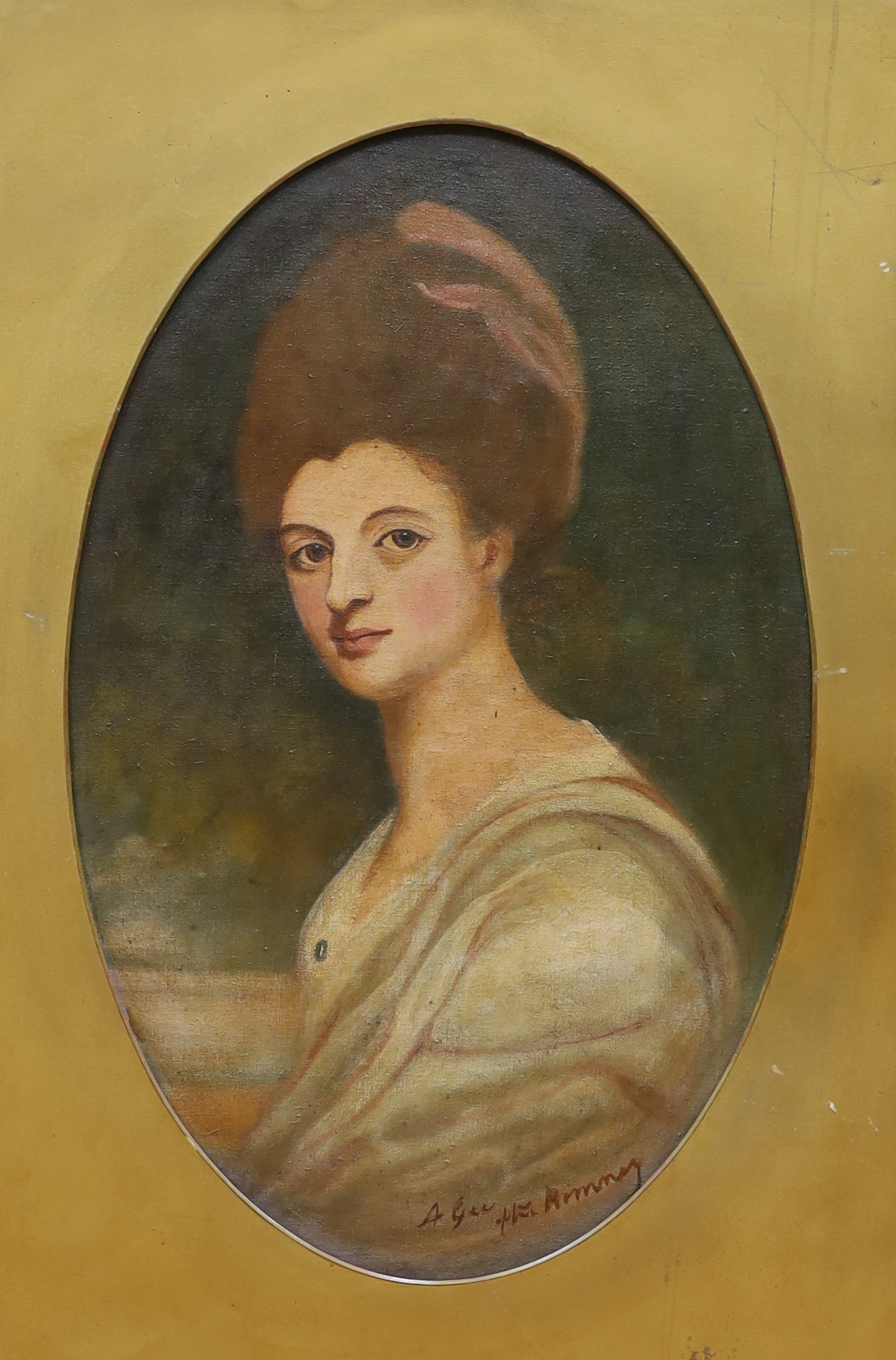 After George Romney (1734-1802), oval oil on canvas, Portrait of Elizabeth Craven, indistinctly inscribed A. Gee, 52 x 33cm